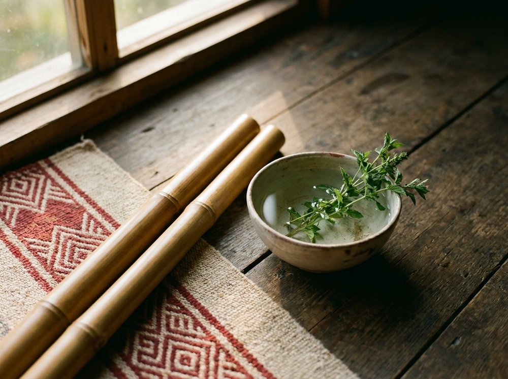 Smooth bamboo sticks of varying lengths laid on a handwoven Cordilleran cloth