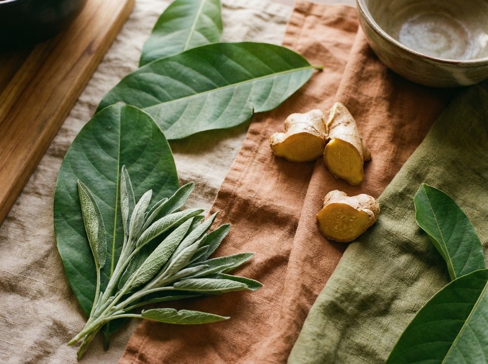 Banaba leaves, sambong leaves, and ginger root arranged on a woven tray