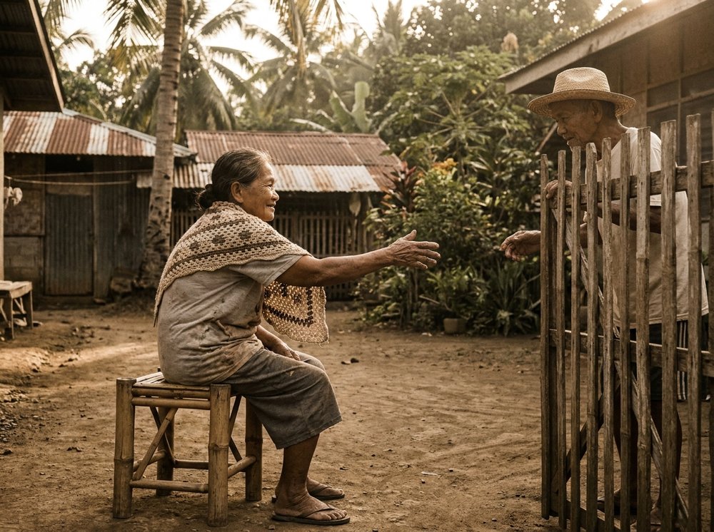 A manghihilot pressing a woman's shoulder in a modest home with a banana-leaf mat