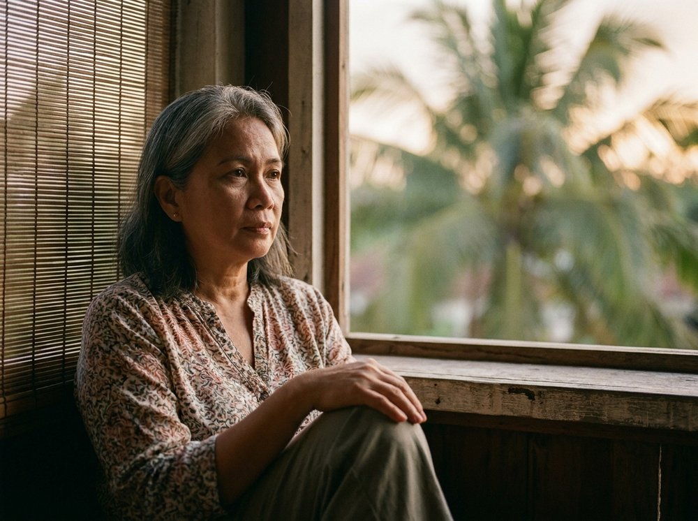 Older Filipino hands resting on a wooden table beside a warm compress in a Quezon City clinic