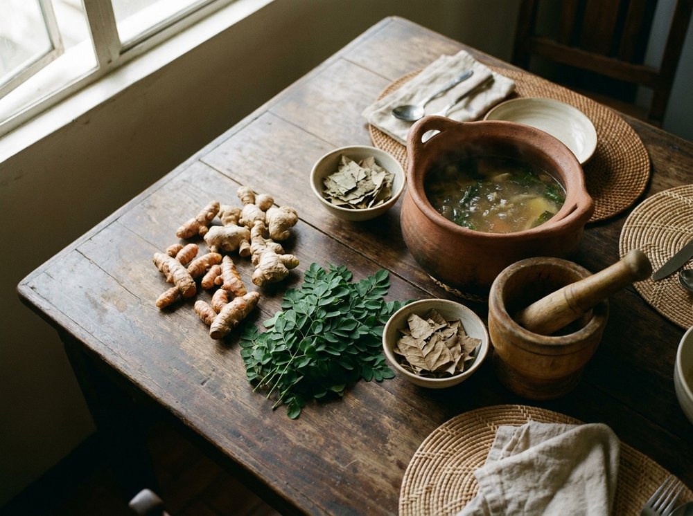 Fresh turmeric, ginger, and malunggay on a wooden board