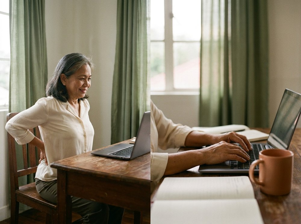 Older Filipino man sitting at a dining table with quiet upright posture