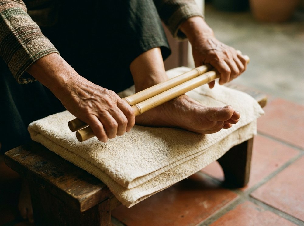 Bamboo dagdagay sticks in action on a foot