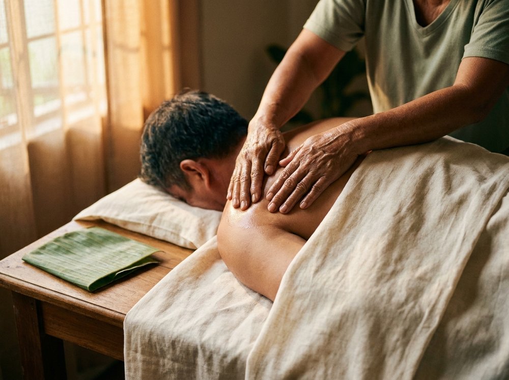 Coconut oil and banana leaf prepared for a hilot session