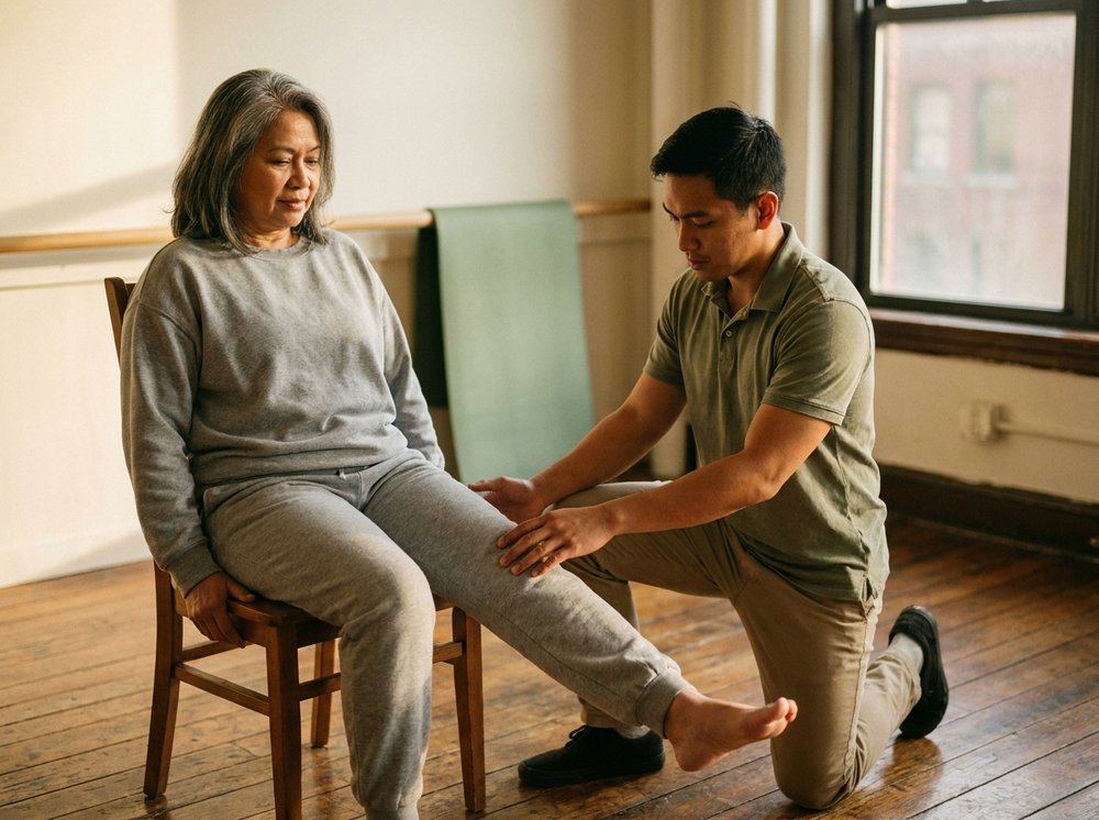 Physiotherapist guiding a knee exercise in a small Quezon City studio